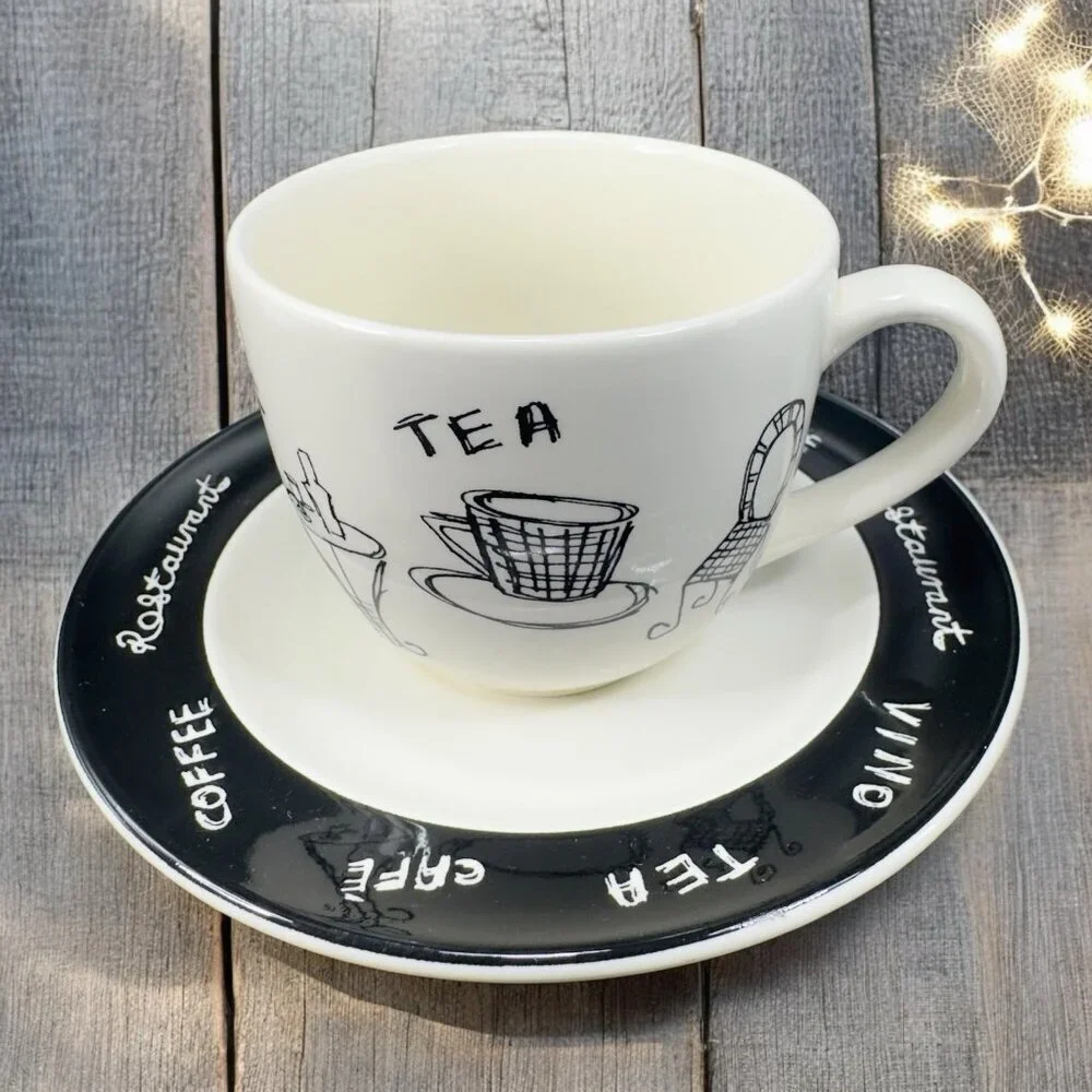 Pier 1 ENGLAND‎ ANGLETERRE Ceramic Teacup And Saucer Set Vino Coffee Black White